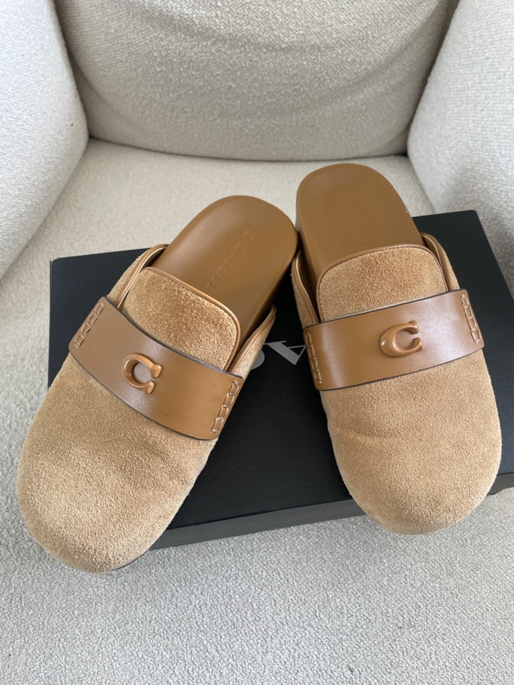 Coach Women’s Tan Suede and Leather Slip-On Mules with 'C' Accent
